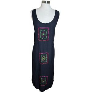 VTG Jenna Lane Jumper Dress Size XL Black Flex Cotton Embroidered Tie Back Boho